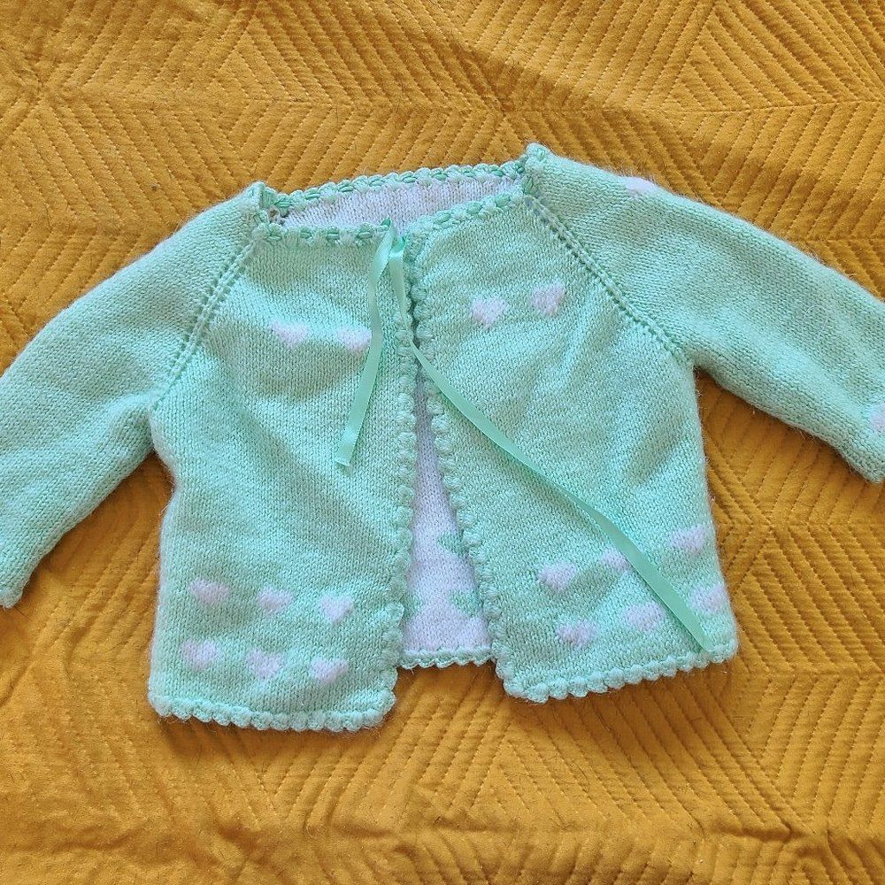 Vintage Handmade Baby Cardigan Sweater Tie Front Mint Green